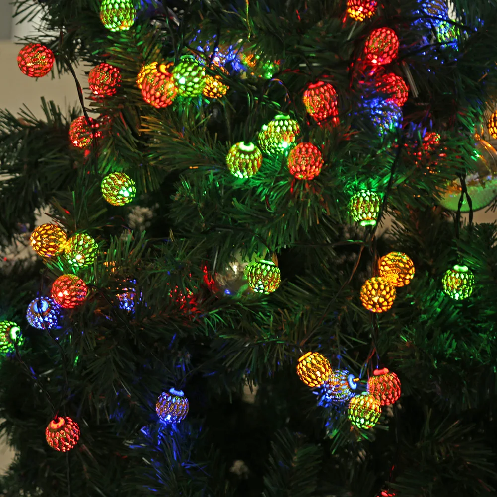 

Solar Powered Moroccan Ball Lamp String Waterproof LED Wrought Iron Metal Hollow Out Ball Colorful Fairy Light Lighting Outdoor