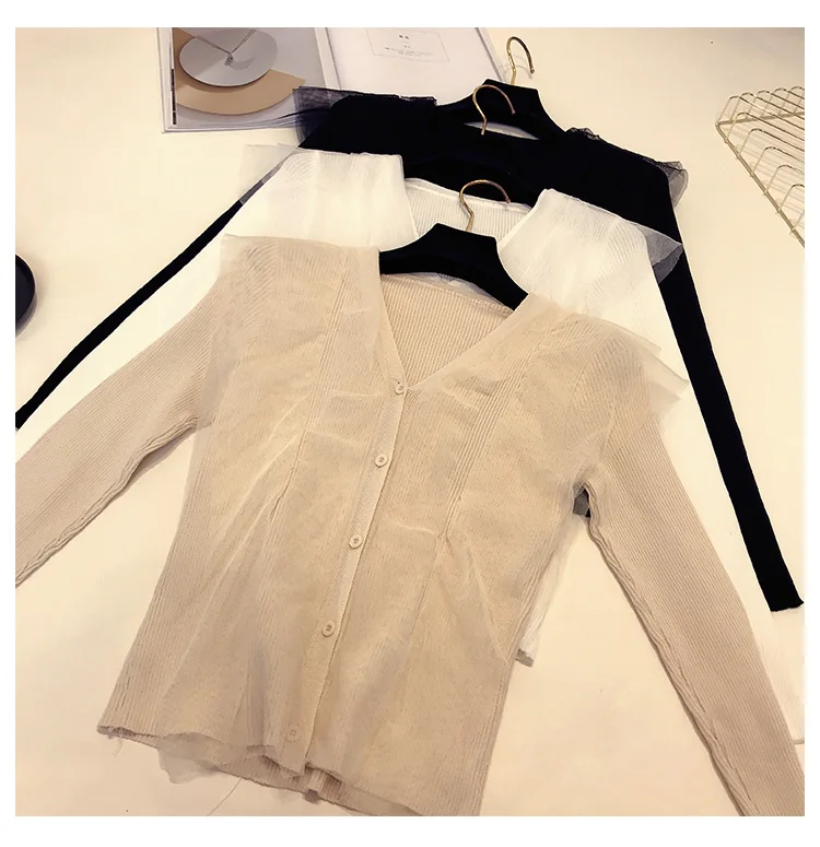 Новый весенний женский модный вязаный кардиган сетчатый свитер с вышивкой