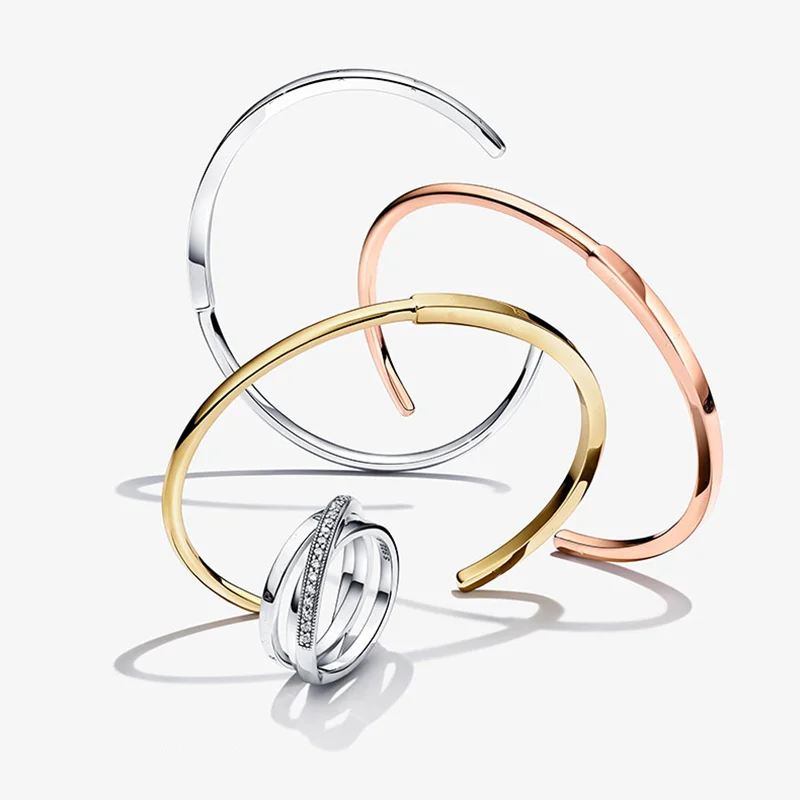 

LR 2022 Summer I-D Series Pan Bracelet 925 Sterling Silver Open-End Bangles For Women Men Couple Rose Gold Fine Jewelry Gift