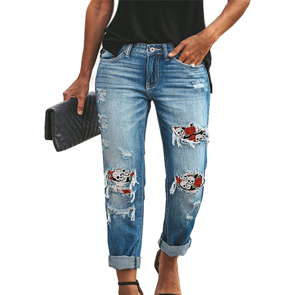 

Джинсы женские рваные с высокой талией, повседневные брюки из денима, Стрейчевые штаны, джинсы в стиле пэчворк с цветами, большие размеры