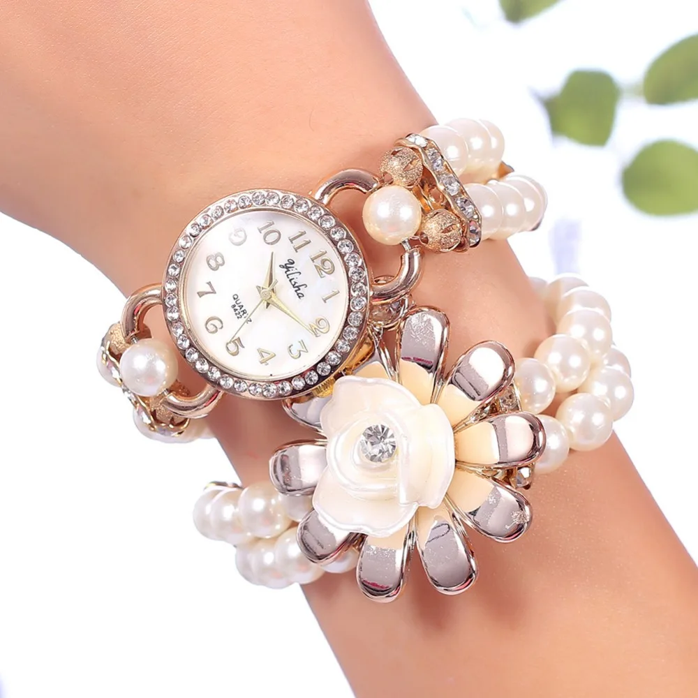 

2020 New Brand Fashion Rhinestone Women Watch Fashion Black Pearl Flower Bracelet Watch Women Quartz Watch Relogio Feminino