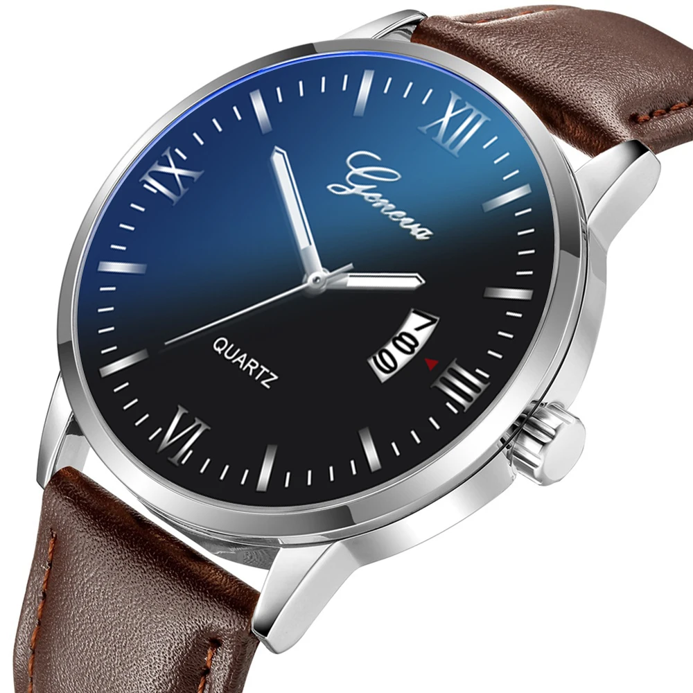 GENEVA мужские часы тонкий кожаный ремешок спортивные с календарем модные Топ бренд