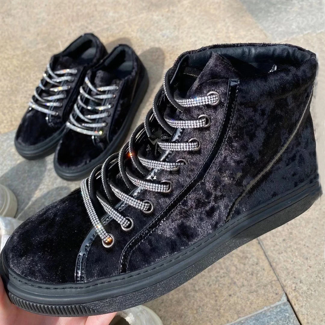 

Новинка Осень-зима 2020, замшевые туфли Стразы со шнуровкой и высоким верхом, теплая повседневная женская обувь с круглым носком, подходящая к...