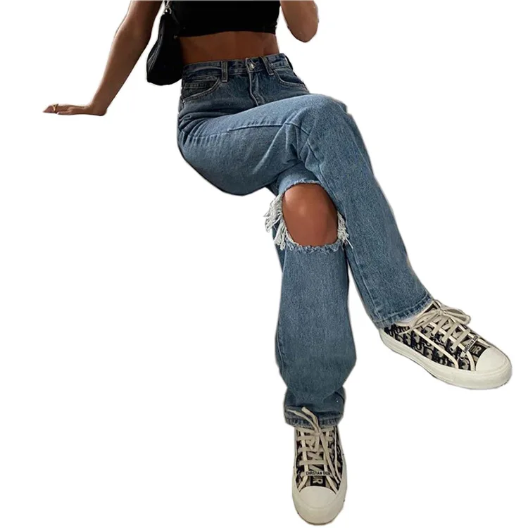 

WEPBEL Women's Casual Solid Color Hole Jeans Spring and Autumn Fashion Loose Mid Waist Button Pocket Denim Straight Pants