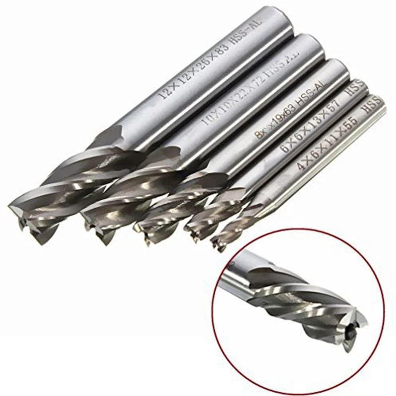 

Diameter 4/6/8/10/12mm 5 Pcs 4 Flute HSS End Mill Router Bit Set Straight Shank Milling Cutter CNC Flutes Drill Bit Accessories