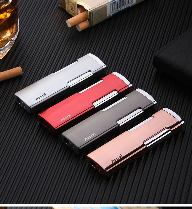 Ультратонкая струйная турбозажигалка газовая компактная бумажный жгут для зажигания трубки полоса ветрозащитная Красная пожарная металлическая коробка для Сигар Зажигалка 1300 C бутан без газа