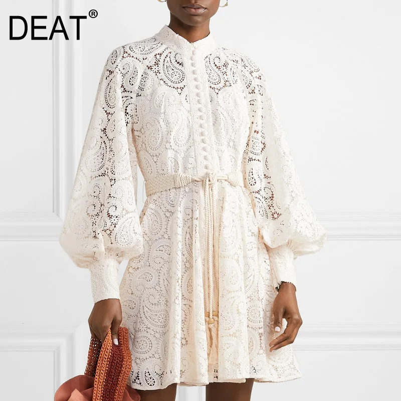 Женское платье с рукавами фонариками DEAT кружевное ажурное воротником стойкой и