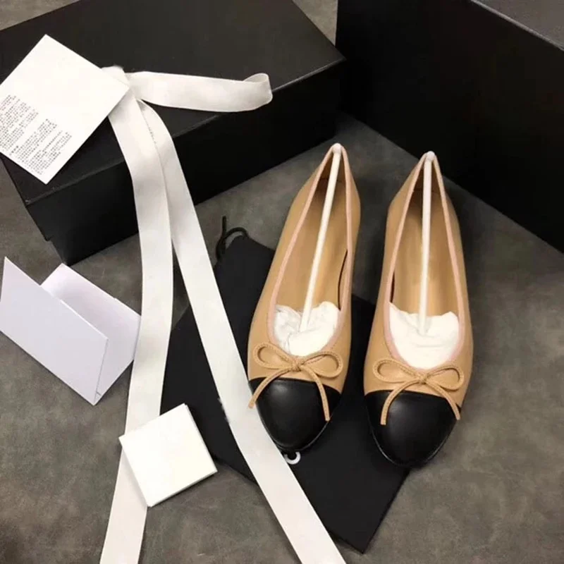 

Designer Luxury Flat Checked Leather CC Ballet Bow Soft Sole Brand Women's Shoes Plus Sieze 42