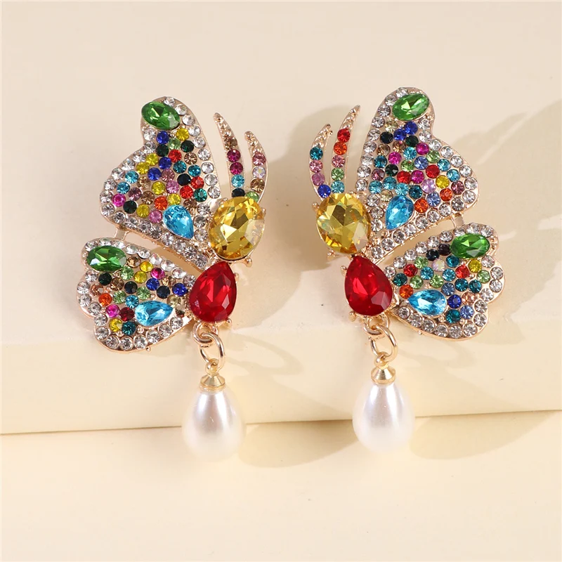 

FASHIONSNOOPS Butterfly Rhinestone Boho Large Drop Earrings Pearl Earrings Wedding Earrings for Brides Crystal Party Jewelry