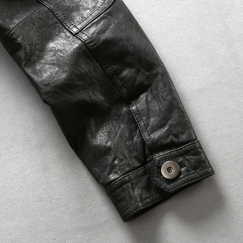 

Factory 2020 Men Vegetable tannin Black Sheepskin Leather Jacket Fashion Single-breasted Slim Biker Jackets Free Shipping