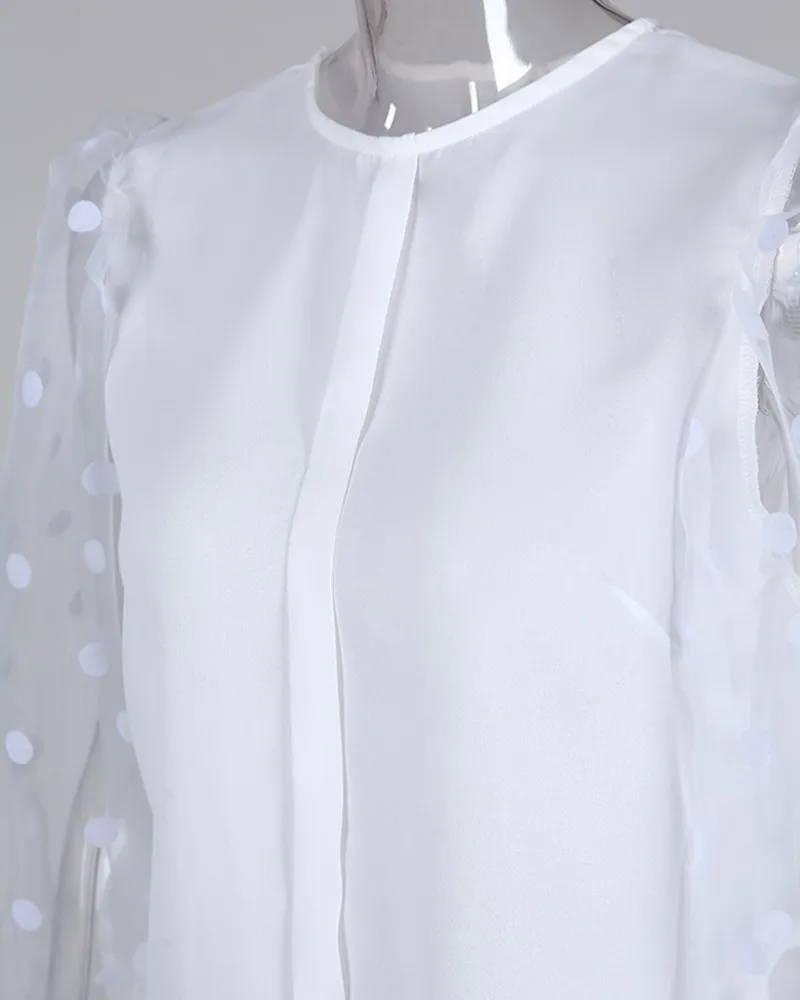 

White Dot Mesh Lantern Sleeve Casual Blouse womens tops and blouses