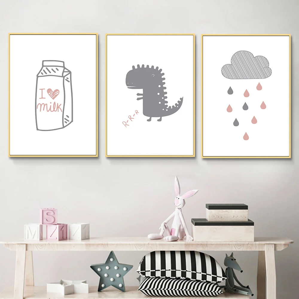 Мультфильм розовый динозавр скандинавский постер холст постеры с облаками и