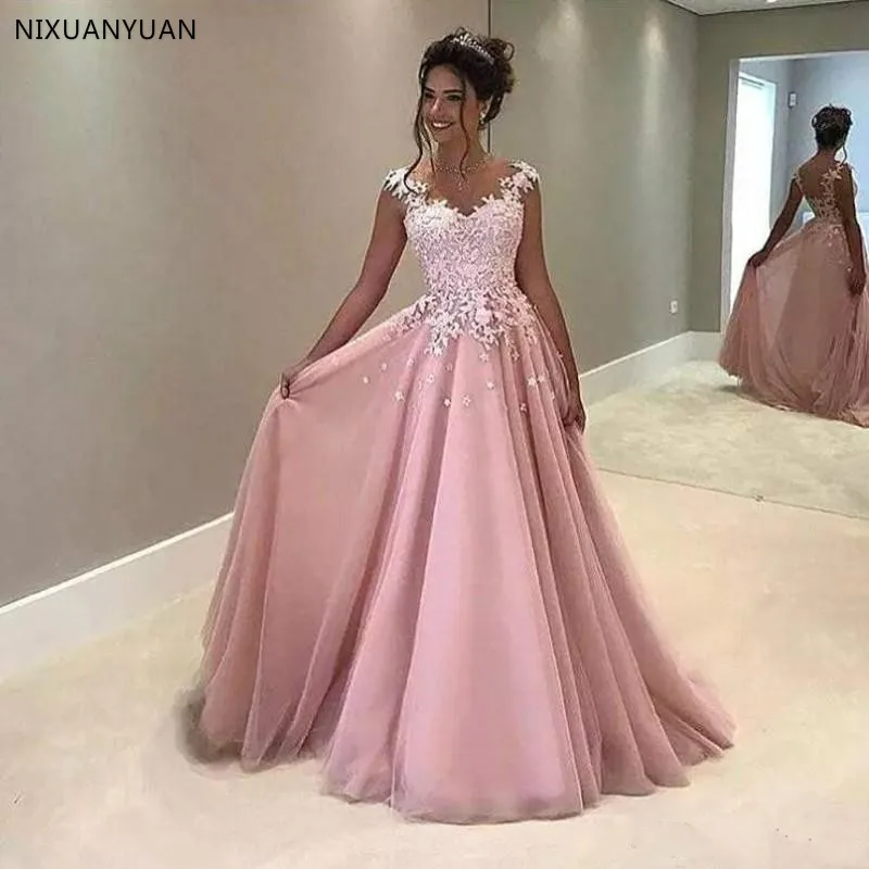 

Vintage Light Pink Tulle Prom Dresses for Elegant Ladyies with Lace Appliques Sheer Back Evening Gowns Formal Party Gowns Longo