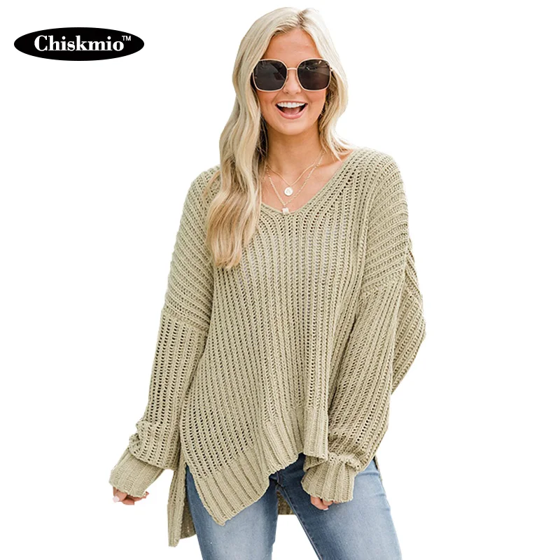 Женский свитер с V-образным вырезом Chiskmio свободные вязаные топы джемпер Боковым