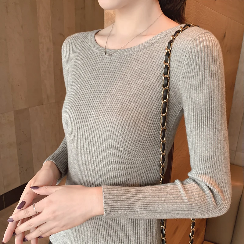 Популярный женский свитер 2019 осень круглый вырез эластичность плюс размер