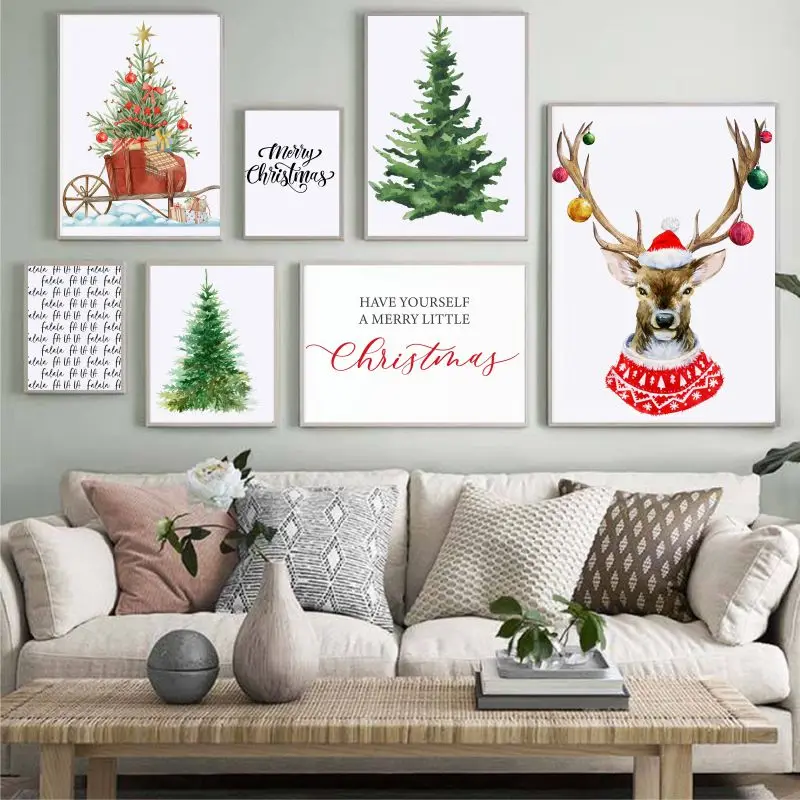 Рождественская елка настенная Картина на холсте рождественские плакаты с оленем