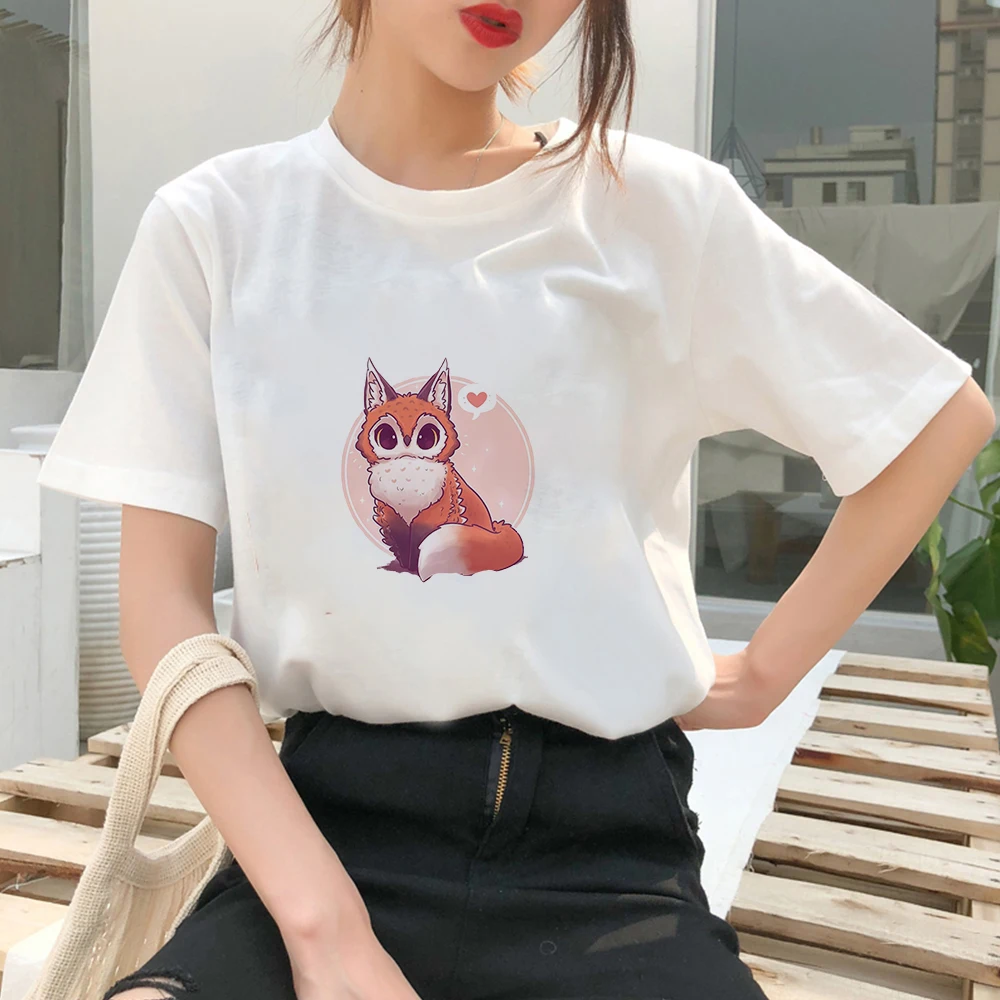 

Kawaii fox Printed Sweet Cartoon Women Tshirts Cute Casual Summer Tee shirt Young Lady Y2k Tops Cropped Sleeve Crewneck Tshirt