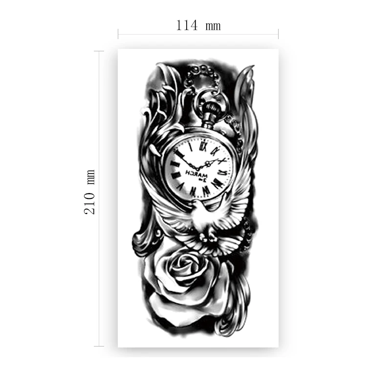 

Temporary Tattoo Stickers Black Clock Peace Dove Feather Rose Totem Fake Tattoos Waterproof Tatoos Arm Large Size for Women Men