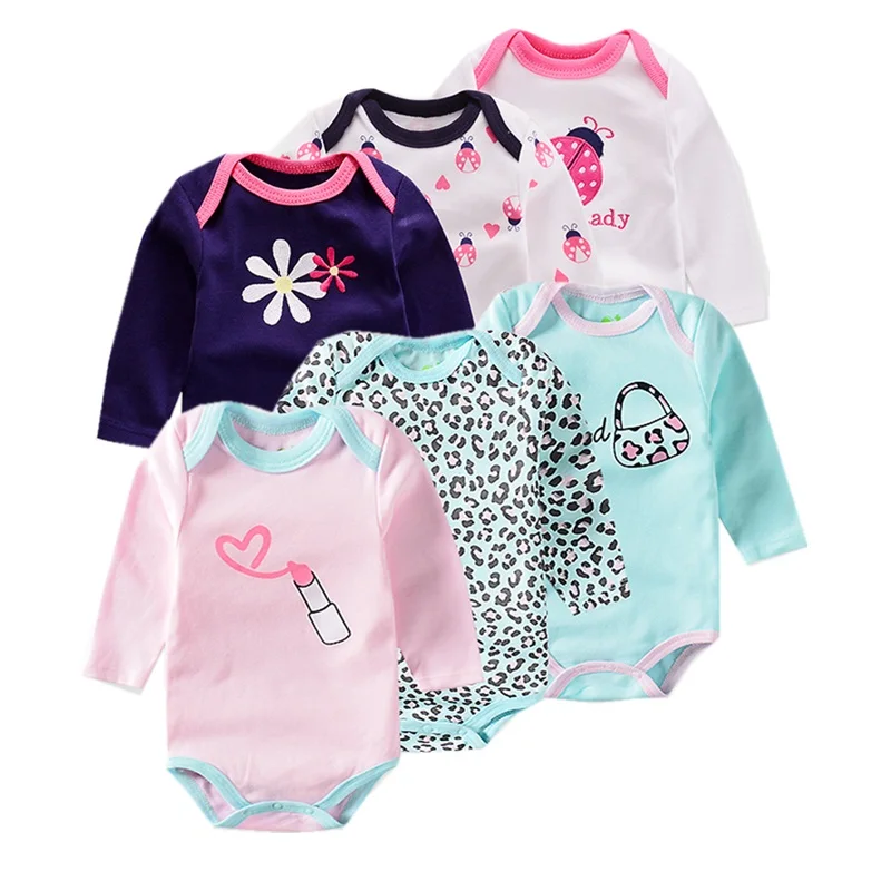 6 шт./лот летнее боди для маленьких девочек с длинными рукавами принтом помады и