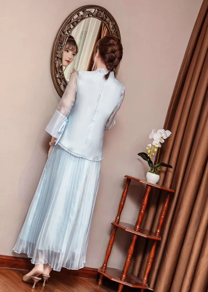 Женский костюм с вышивкой винтажный топ + плиссированная синяя юбка длиной до