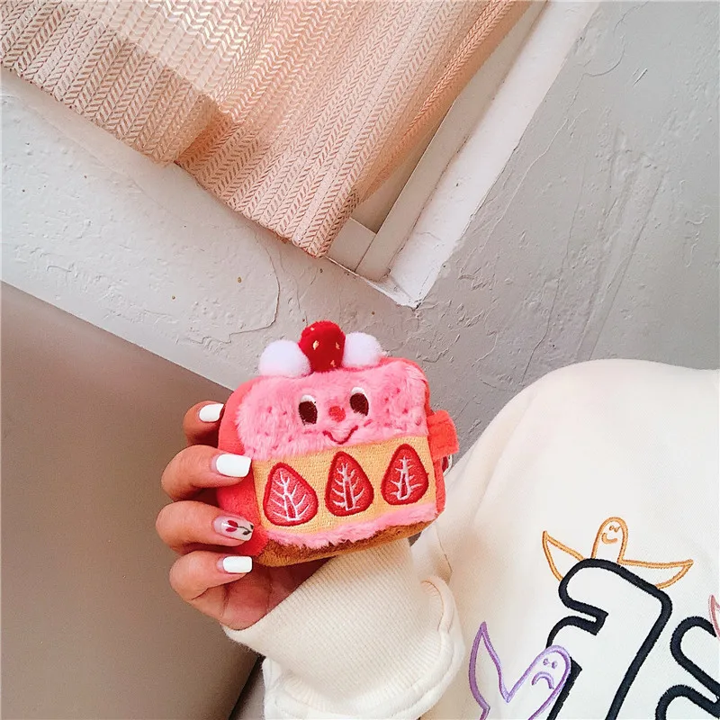 

Cute Plush Strawberry Cake Headset Case For AirPods 3 2 1 Change key Cases Funny Fuzzy Earphone Protection Box Cover Headphones