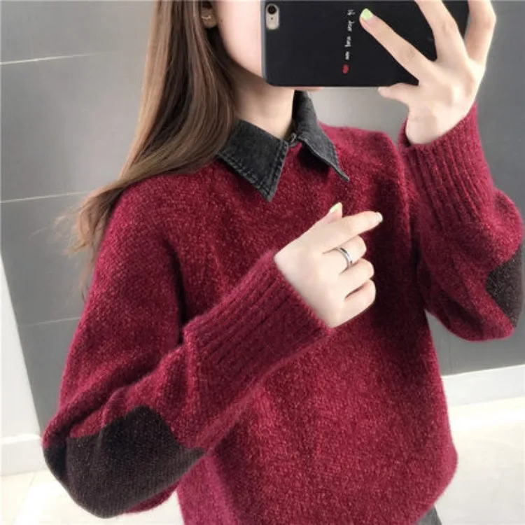 

Autumn Winter Thick Splicing Lapel Knitted Sweater Women Jumper Ladies Vintage Slim Short Patchwork Knit Pullovers Tops Female