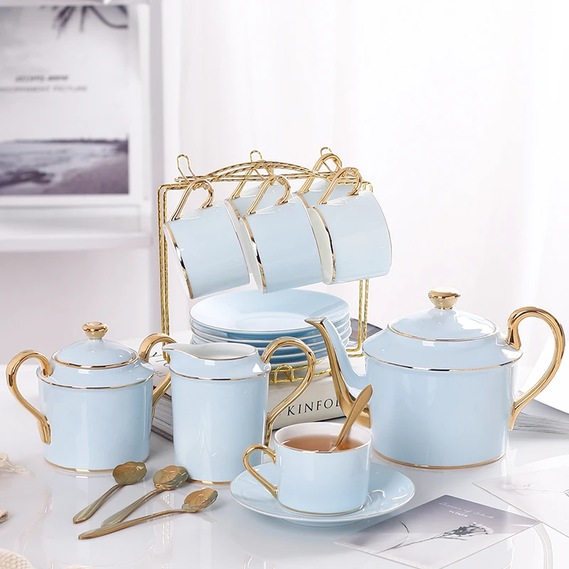 Золотистый синий кофейный набор из костяного фарфора роскошный фарфоровый