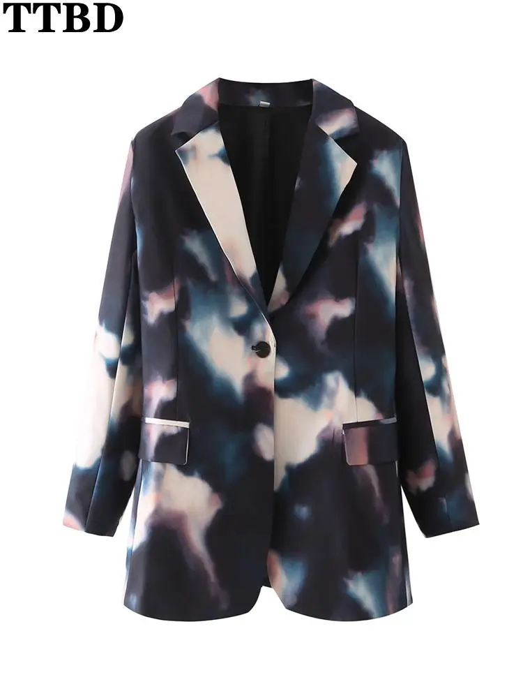 

TTBD Women fashion tie dye print patchwork blazer long coat vintage long sleeve pockets female outerwear chic veste femme