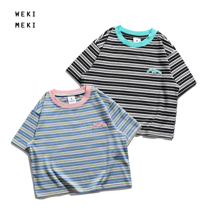 

WEKIMEKI Summer Girl Short T-shirt Female Japanese Tshirts Striped Short-sleeved Embroidery Tops College Streetwear H1076-A