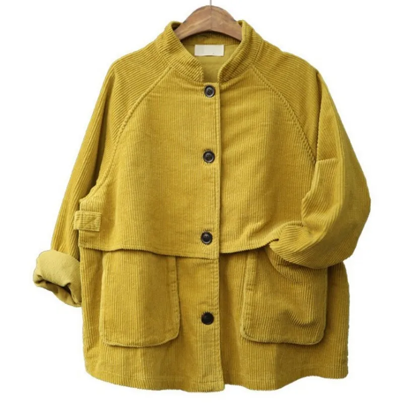 

Female Vintage Cargo Coat Pockets Long Sleeve Stand Collar Loose Fit Short Jacket Women Velvet Jacket Autumn Casual Outerwear