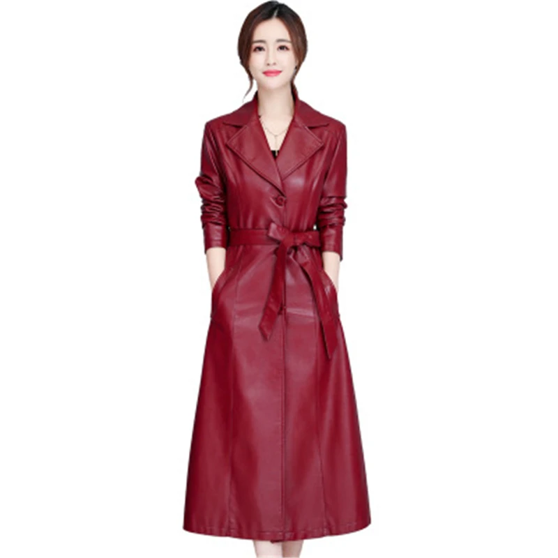 Women's sheepskin Leather Long Coats Autumn Winter Real Leather Overcoats Elegant Belt Single Breasted New Female Leather Coots