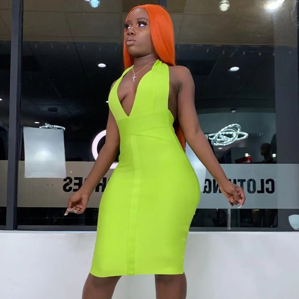 

BKLD Dress Summer Outfits For Women 2020 New Sexy Halter V-neck Bodycon Dress Neon Green Backless Party Clubwear Women Dress