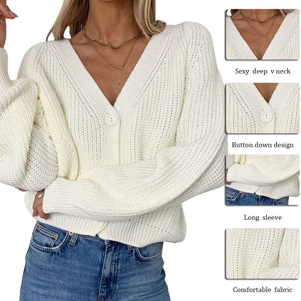 

Antumn Cardigan Women Winter 2021 Long Lantern Sleeve Oversized Button Knitted Sweater Hollow Out V Neck Knitwear