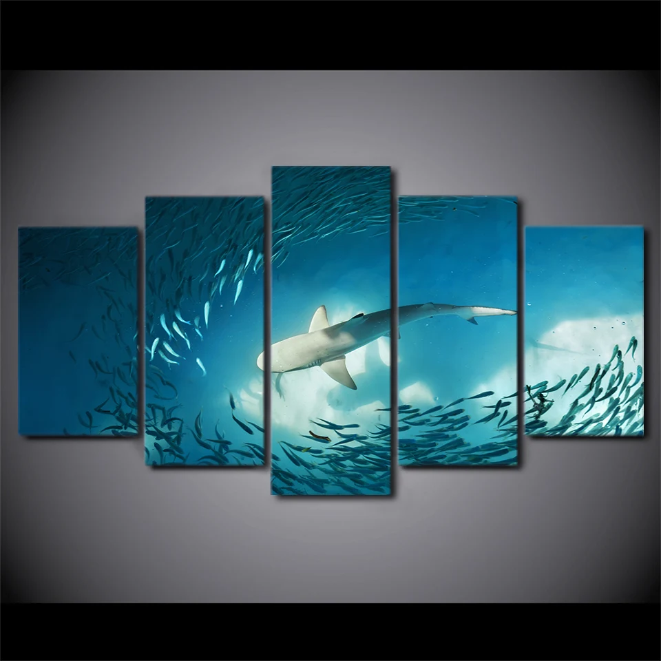 

Modern Wall Art Home Decoration Pictures Canvas Painting Poster 5 Panel Shark Ocean For Living Room HD Cuadros Printed Frame
