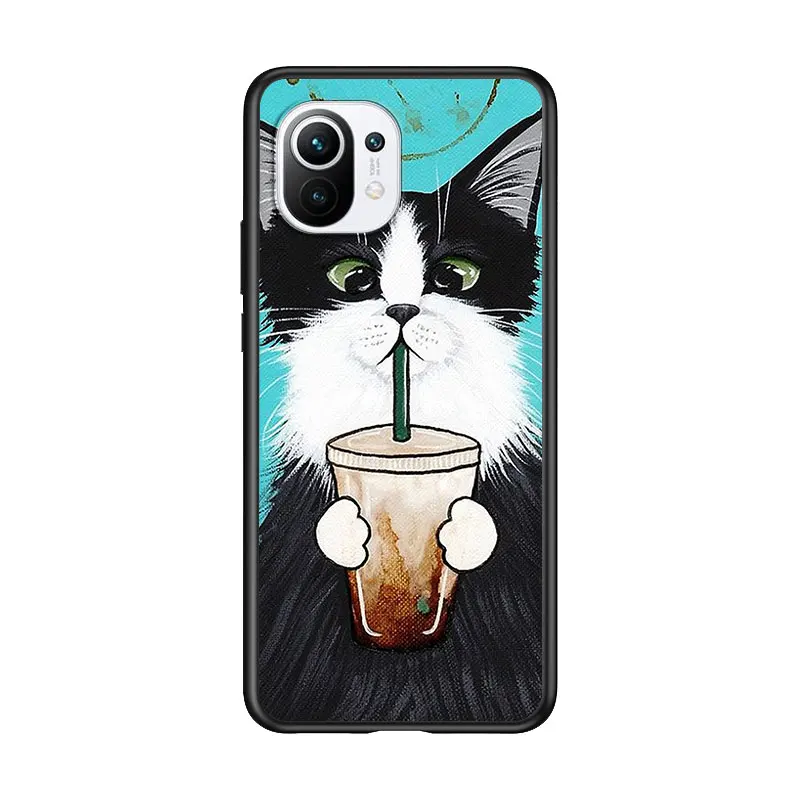 

Coffee Cat Cartoon Cute for Xiaomi Mi 11 10T Note 10 Ultra 5G 9 9T SE 8 A3 A2 A1 6X Pro Play F1 Lite 5G Black Phone Case