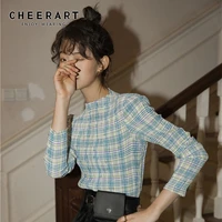 cheerart plaid t shirt women permanent pleat vintage long sleeve crop top tee shirt femme underwear clothes