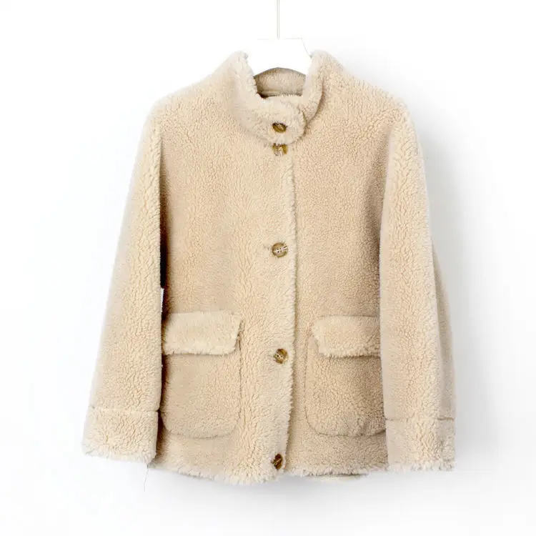 

2020 New Women Winter Genuine Sheep Shearing Wool Fur Coat Ladies Furry Real Fur Stand Single Breasted Manteau Overcoats H48