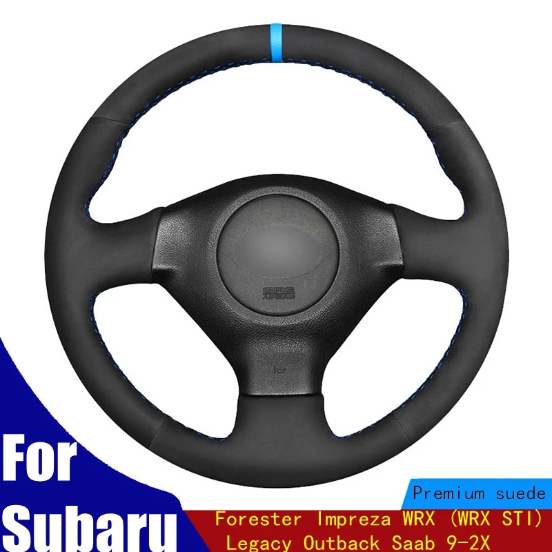 

Steering Wheel Cover Black Suede Light Blue Marker Hand Sew For Subaru Forester Impreza WRX (WRX STI) Legacy Outback Saab 9-2X