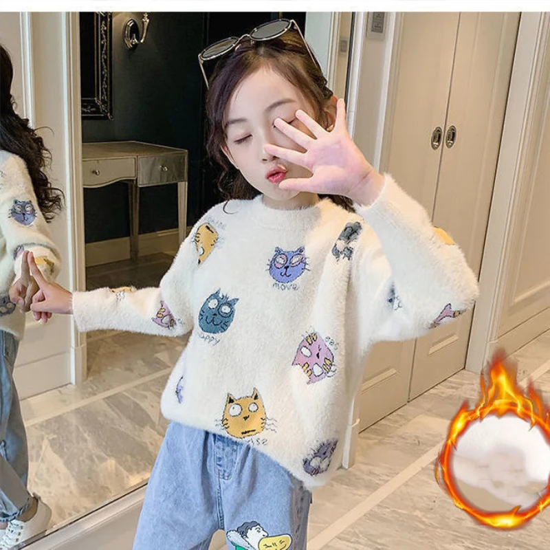 

Свитер для девочек, детская верхняя одежда, топы 2021, мультяшный флисовый утепленный теплый зимний осенний Вязаный рождественский подарок, к...