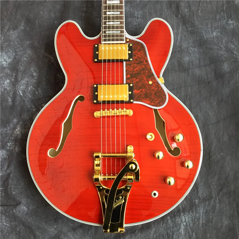 

Customized 335 transparent red semi-hollow jazz electric guitar tremolo system golden red Pickguard rosewood fingerboard