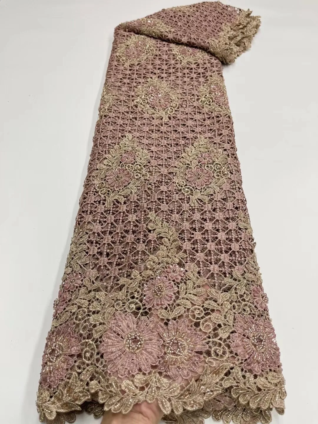 

(5yards/pc) High quality beaded African big cord lace fabric wonderful embroidered water soluble lace for party dress WJY004