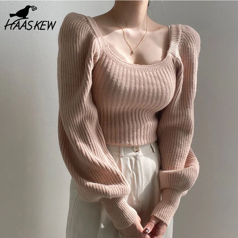 

HAASKEW 2021 Autumn Winter Sexy Square Collar Pullover Basic Warm Sweater for Women Korean Soft Kniited Solid Sweater Tops