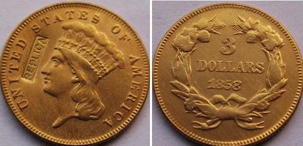 

Золотые монеты в размере 3 долл. США, копии монет 1858