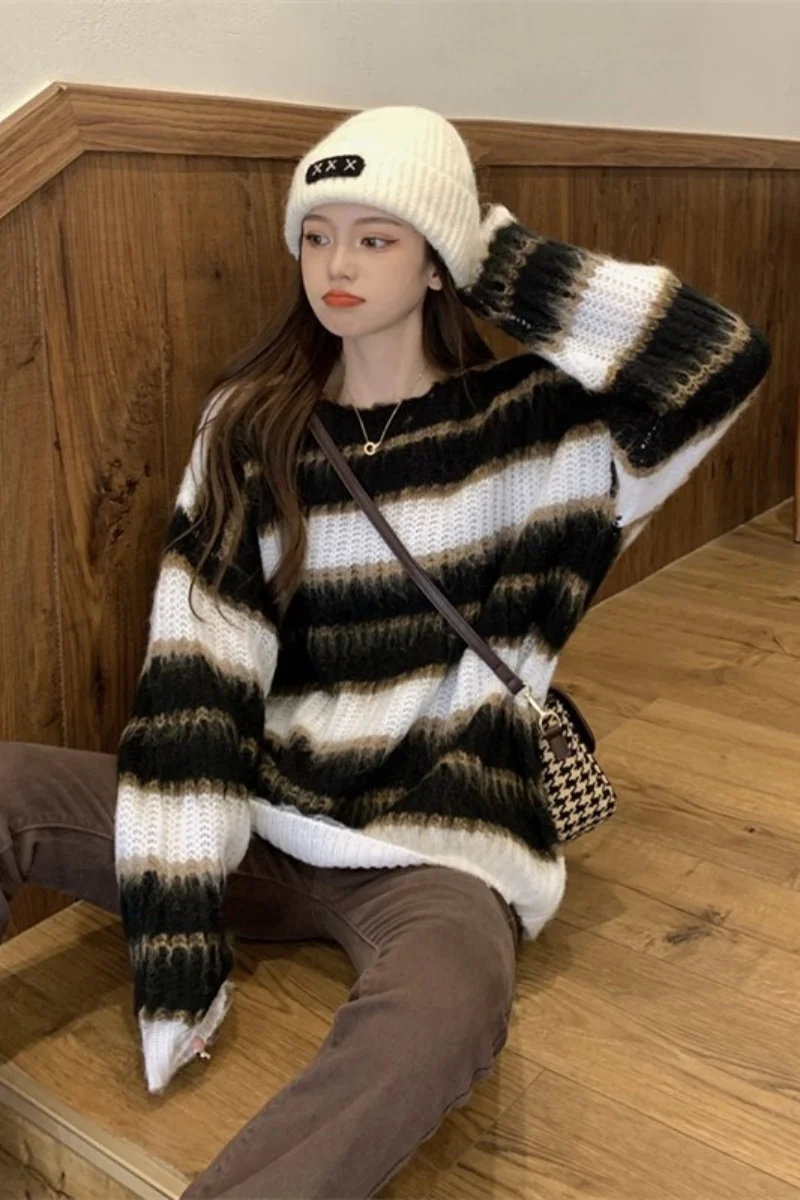 Loose Pullover Lazy Wind Contrast Striped Sweater Missing Lower Body Autumn Winter Casual Women's Rac | Женская одежда