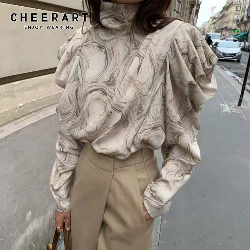 CHEERART водолазка с пышными рукавами Топ Tie Dye шифоновая блузка женская с длинным рукавом рюшами Корейская Блузка Весна