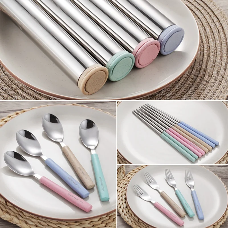 

Portable StrawWheat Straw 304 Stainless Steel Tableware Set Cutlery Set With Storage Pack Chopsticks Spoon Fork Set 2 1