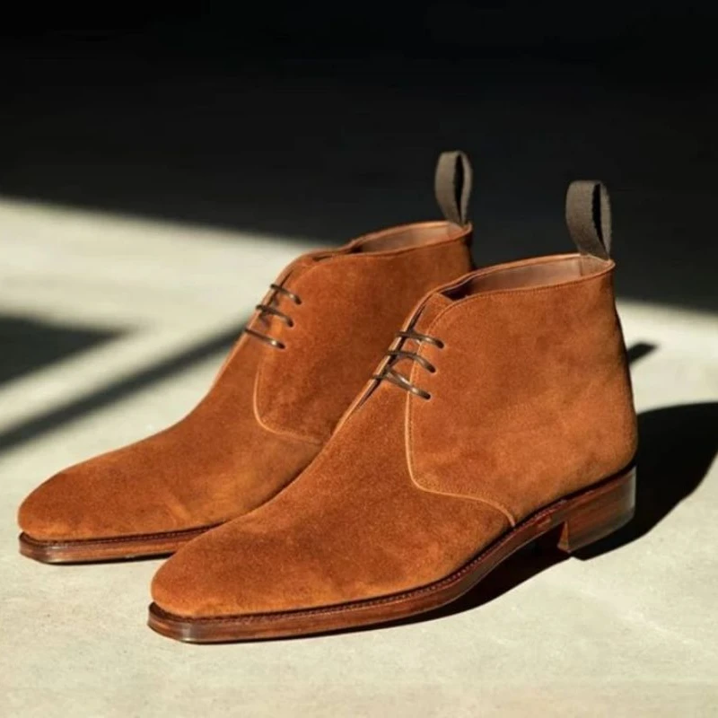 

High Top Brown Men Boots Fashion Tooling Short Lace Up Cowboy Boots Low Heel Faux Suede Desert Boots British Men Boots 5KE517