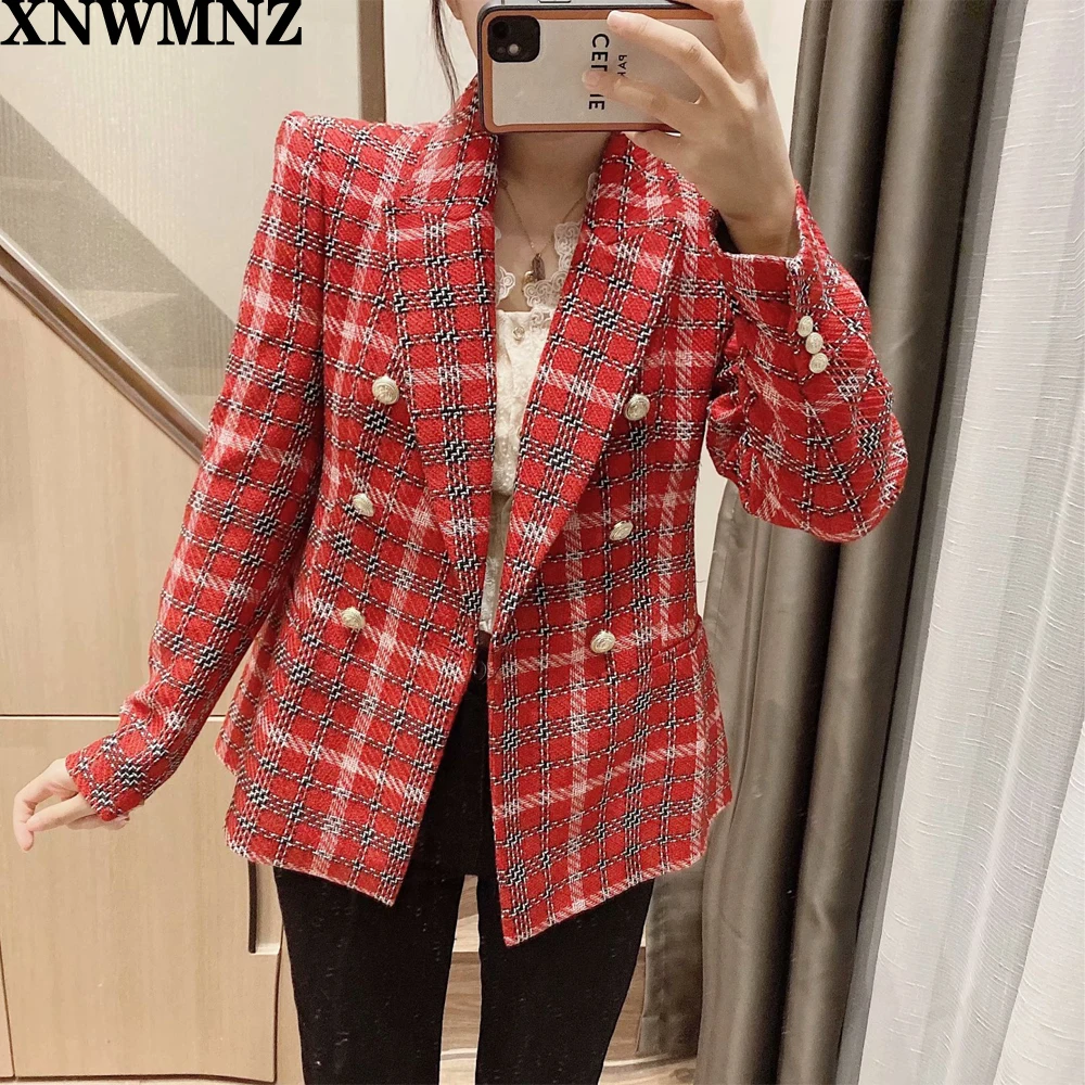 

XNWMNZ Za women fashion double-breasted check blazer Female Elegant V-neck long sleeve ladies vintage buttoned plaid chic coat