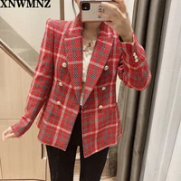 xnwmnz za women fashion double breasted check blazer female elegant v neck long sleeve ladies vintage buttoned plaid chic coat