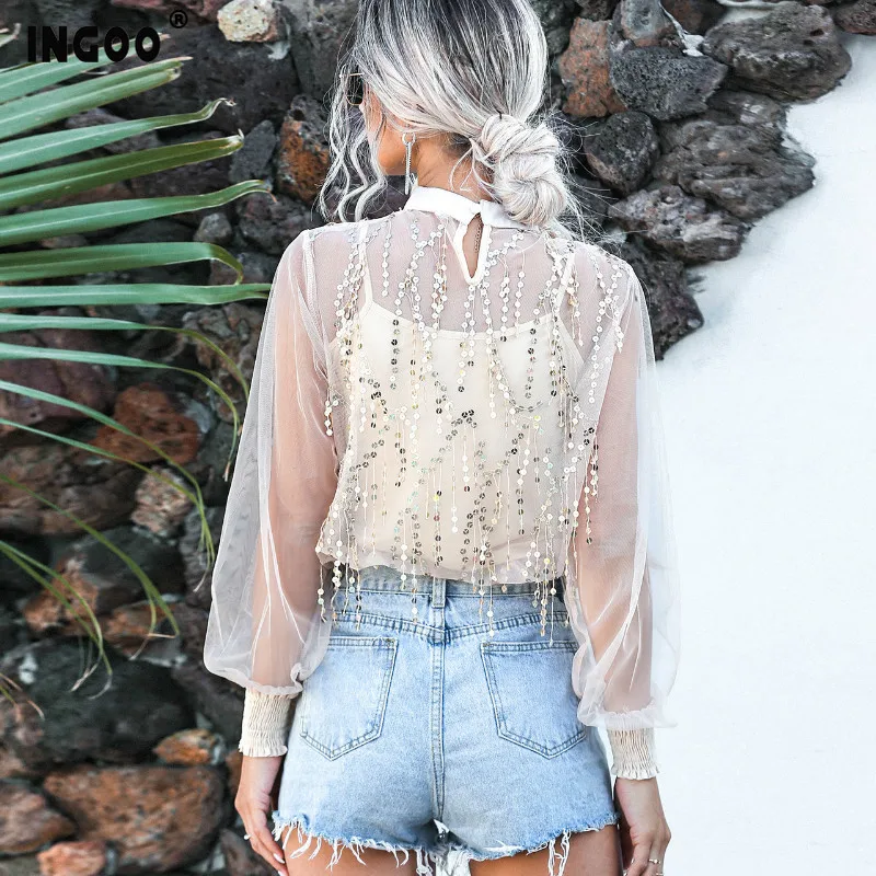 INGOO женская блузка с пайетками элегантная высоким горлом модная повседневная